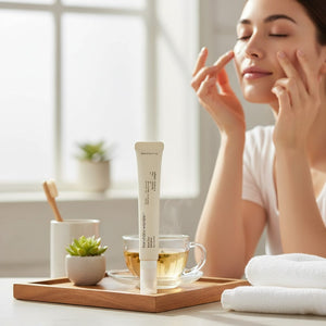 Skin TOGO Haruharu WONDER Black Rice Bakuchiol Eye Cream tube on a wooden tray with a woman applying cream nearby.