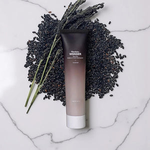 Skin TOGO Haruharu WONDER Black Rice Moisture 5.5 Soft Cleansing Gel tube on a bed of black rice on marble