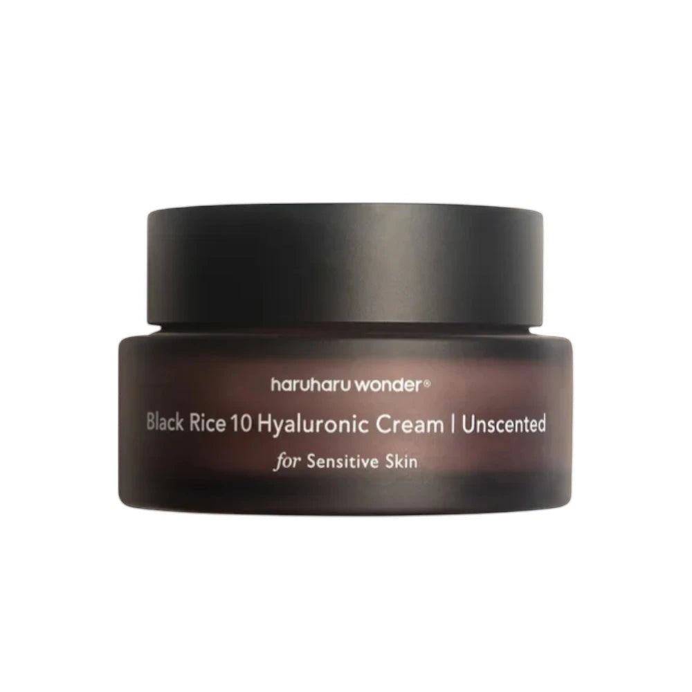 Skin TOGO Haruharu WONDER Black Rice Hyaluronic Cream in a dark brown glass jar for sensitive skin.