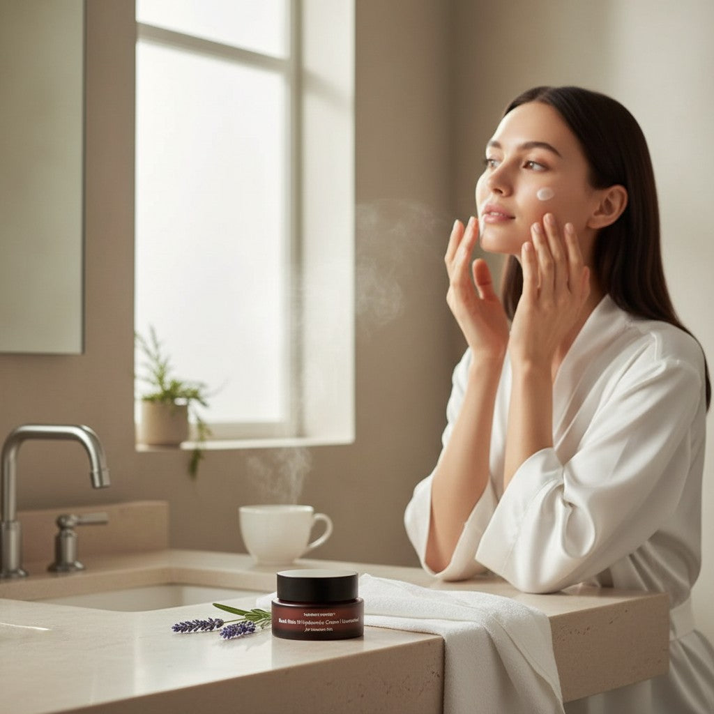 Skin TOGO Haruharu WONDER Black Rice Hyaluronic Cream jar on a bathroom counter with a woman applying cream to her face