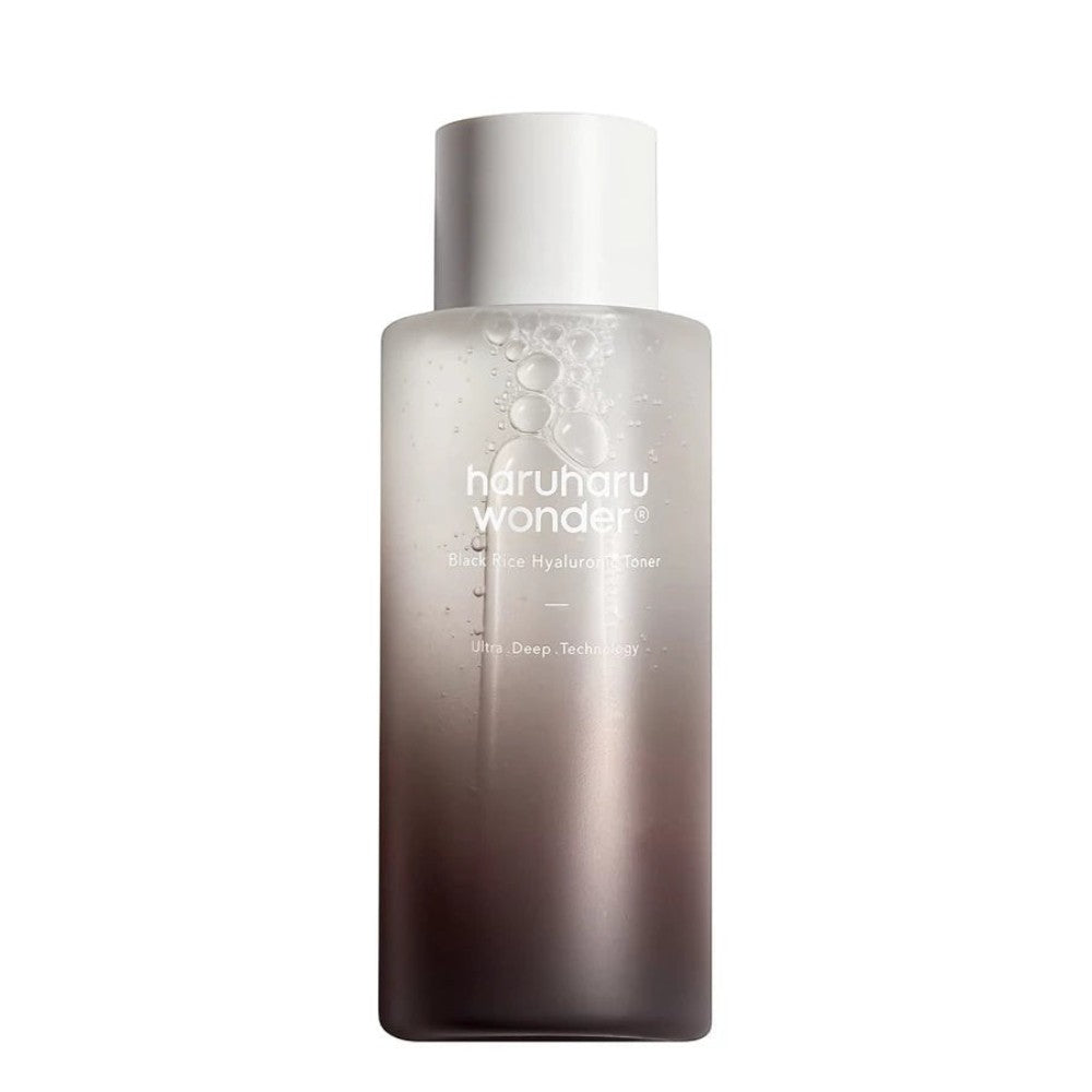 Skin TOGO Haruharu WONDER Black Rice Hyaluronic Toner in a gradient bottle with a white cap for deep hydration.
