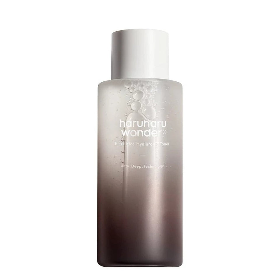 Skin TOGO Haruharu WONDER Black Rice Hyaluronic Toner in a gradient bottle with a white cap for deep hydration.