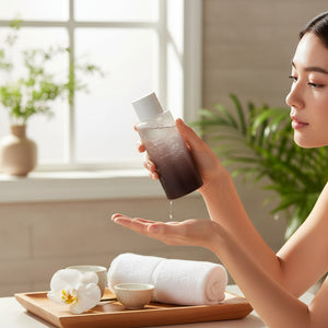 Skin TOGO model applying Haruharu WONDER Black Rice Hyaluronic Toner to her palm in a bright, serene spa setting.