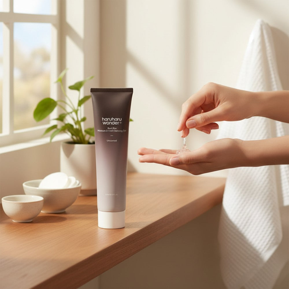 Skin TOGO Haruharu WONDER Black Rice Moisture 5.5 Soft Cleansing Gel tube with clear gel texture on a hand