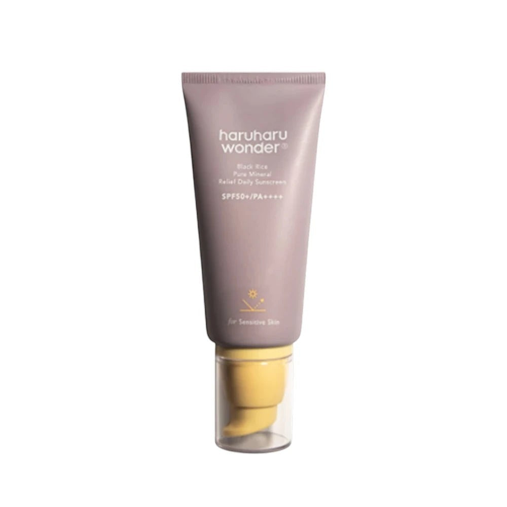 Skin TOGO Haruharu WONDER Black Rice Pure Mineral Relief Daily Sunscreen in a mauve tube with a yellow pump cap.