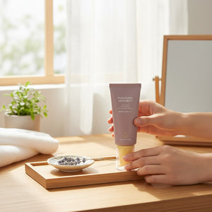 Skin TOGO Haruharu WONDER Black Rice mineral sunscreen tube held by hands on a wooden vanity with lavender decor.