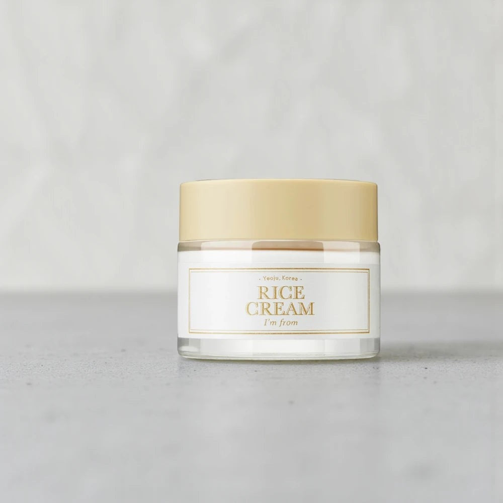 Skin TOGO I'm from Rice Cream in a glass jar with a gold lid, featuring 41% rice extract for brightening skin.