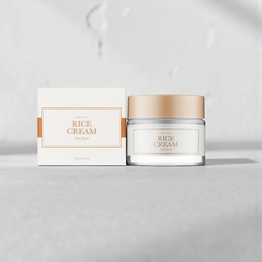 Skin TOGO I'm from Rice Cream in a glass jar with its white and gold box, featuring 41% rice extract for brightening.
