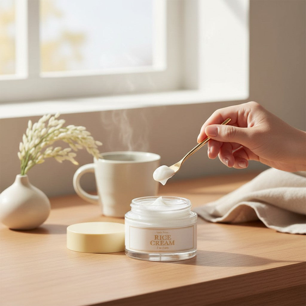 Skin TOGO I'm from Rice Cream in a glass jar with a gold spoon scooping the rich white moisturizing face cream