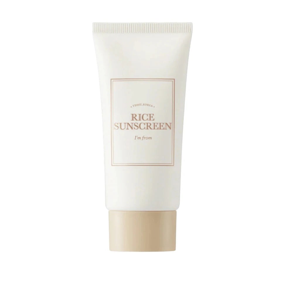 Skin TOGO I'm from Rice Sunscreen SPF50+ in a white 50ml squeeze tube with a beige cap for brightening skin protection.