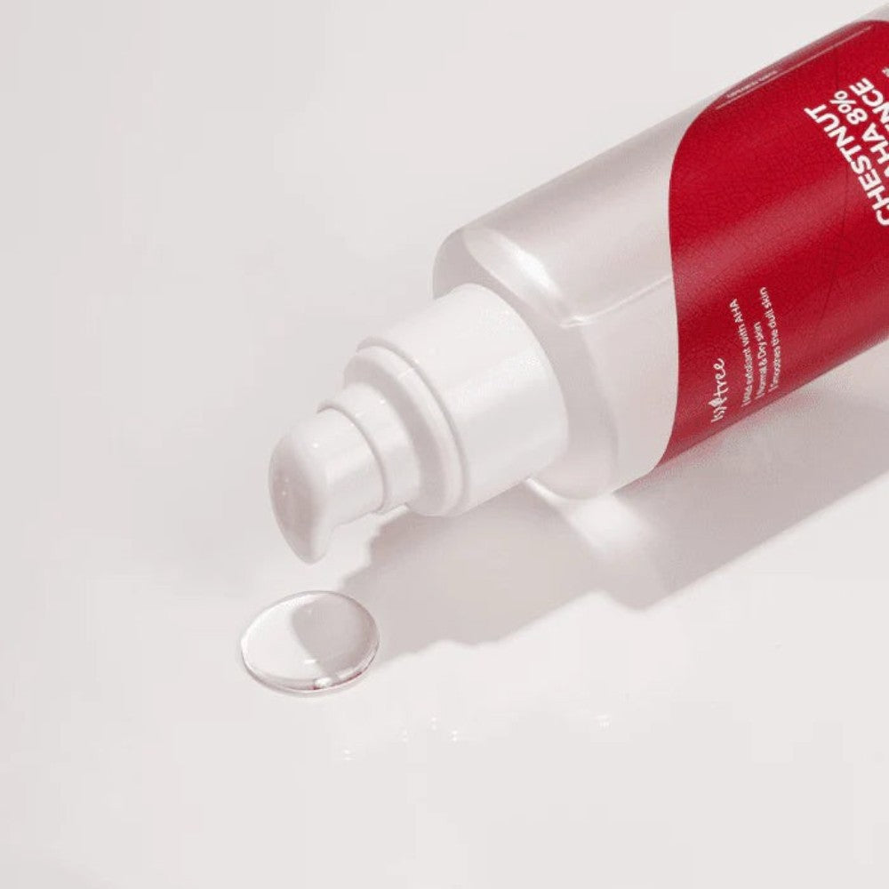 Skin TOGO Isntree Chestnut AHA 8% Clear Essence bottle dispensing a drop of clear exfoliating liquid on white surface