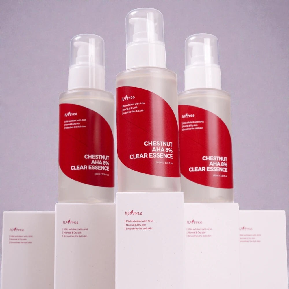Skin TOGO Isntree Chestnut AHA 8% Clear Essence bottles and boxes for skin exfoliation and texture improvement.