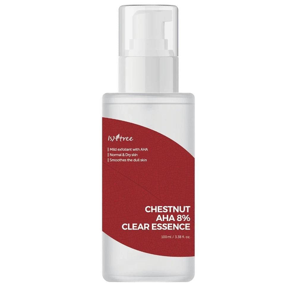 Skin TOGO Isntree Chestnut AHA 8% Clear Essence exfoliating facial serum in a 100ml pump bottle