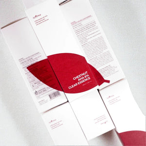 Skin TOGO Isntree Chestnut AHA 8% Clear Essence exfoliating skincare product packaging in white and deep red.