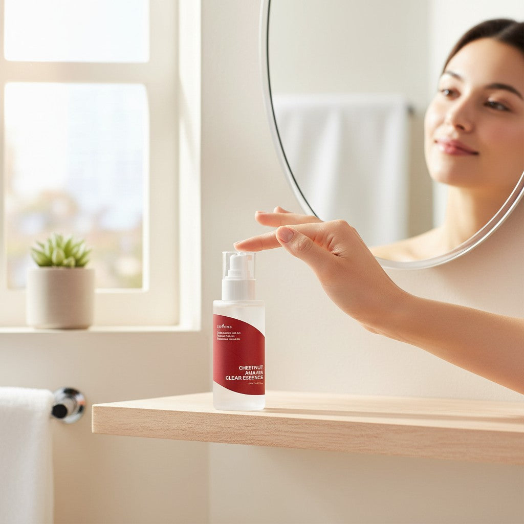 Skin TOGO Isntree Chestnut AHA 8% Clear Essence bottle on a bathroom shelf with a woman reflecting in the mirror