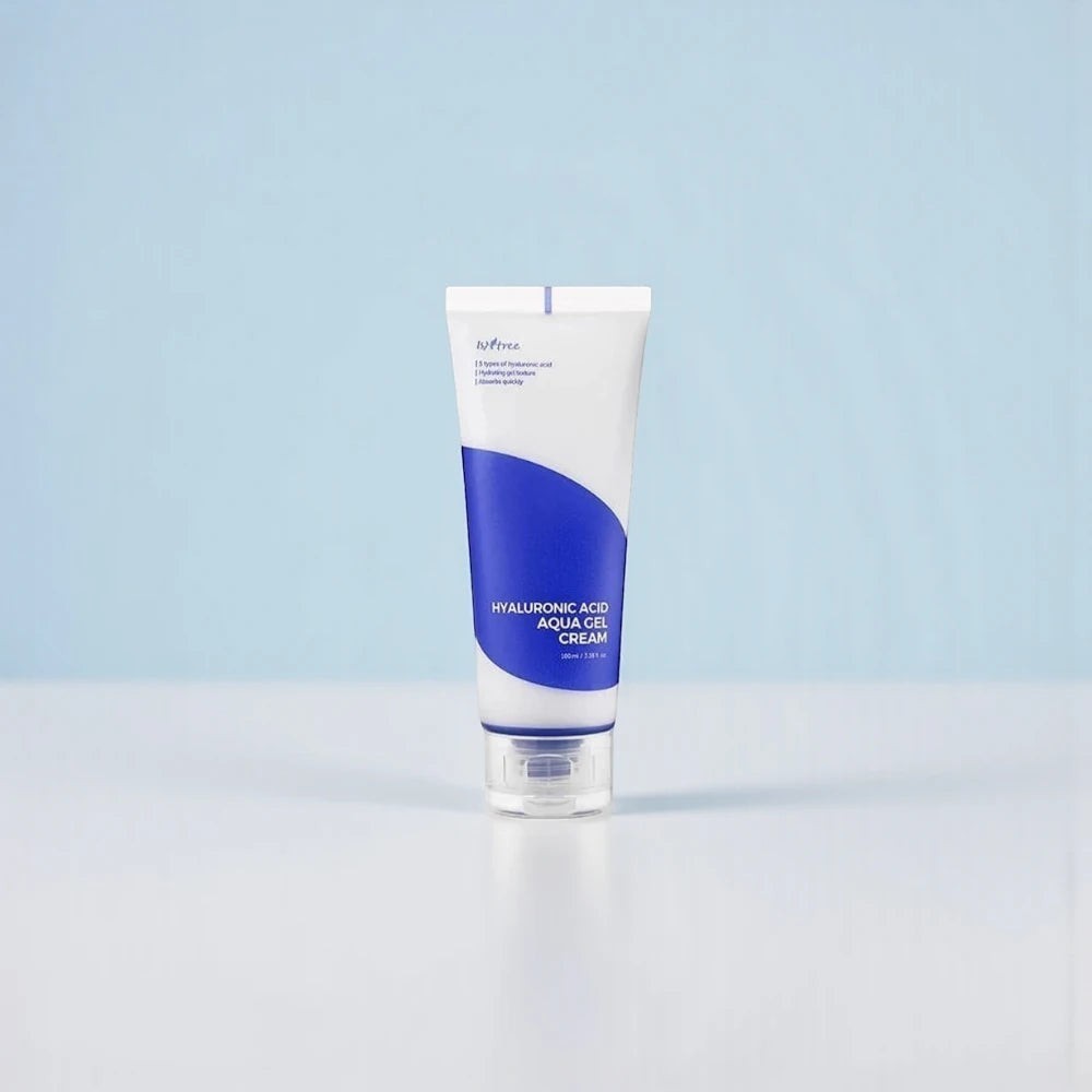 Skin TOGO Isntree Hyaluronic Acid Aqua Gel Cream in a white and blue 100ml squeeze tube for oily and combination skin.