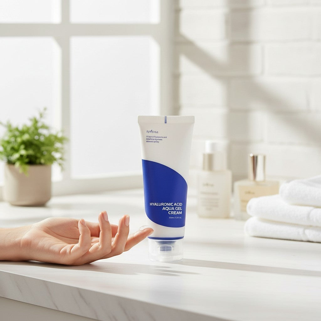 Skin TOGO Isntree Hyaluronic Acid Aqua Gel Cream in a white and blue tube on a bright bathroom counter with a hand.