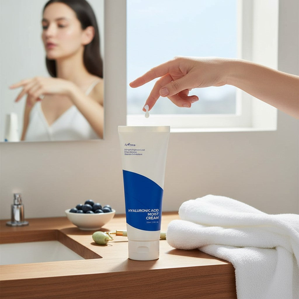 Skin TOGO Isntree Hyaluronic Acid Moist Cream tube on a bathroom counter with a woman applying cream in the background