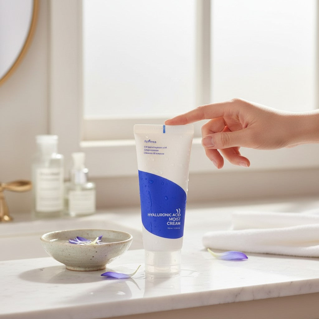 Skin TOGO Isntree Hyaluronic Acid Moist Cream in a white tube with blue accents, held by a hand on a marble counter.