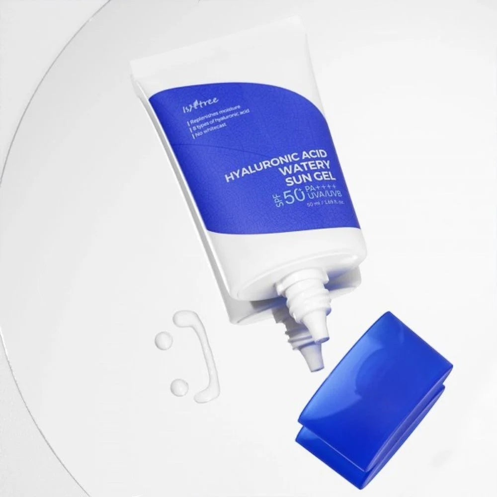 Skin TOGO Isntree Hyaluronic Acid Watery Sun Gel SPF 50+ in a white and blue tube with a drop of lightweight sunscreen.