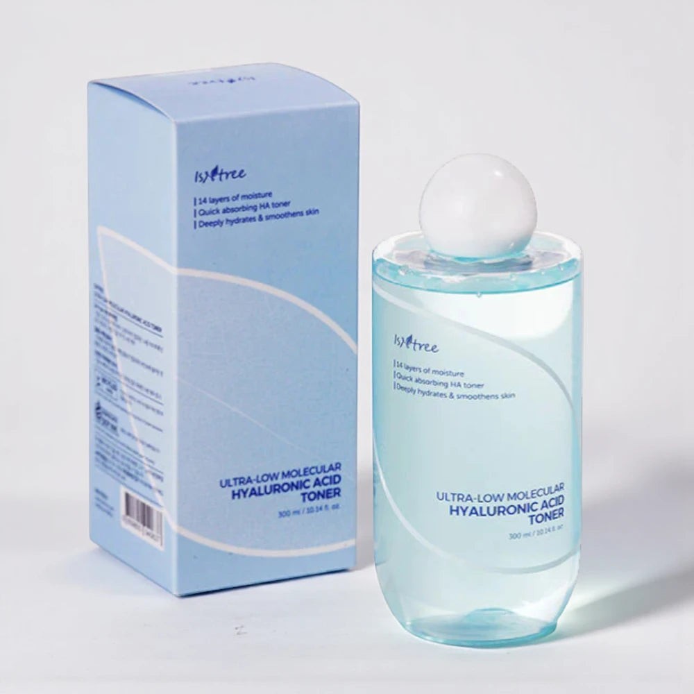 Skin TOGO Isntree Ultra-Low Molecular Hyaluronic Acid Toner bottle and box in light blue packaging