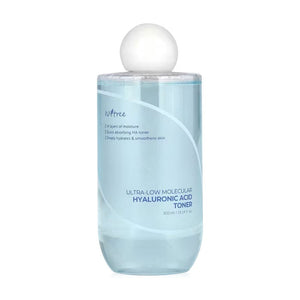 Skin TOGO Isntree Ultra-Low Molecular Hyaluronic Acid Toner in a 300ml clear blue bottle with a white cap.