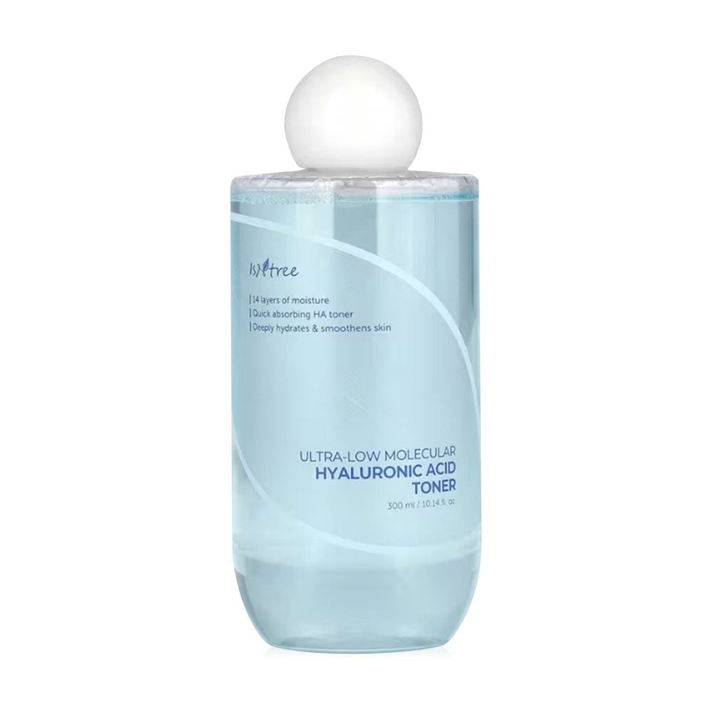 Skin TOGO Isntree Ultra-Low Molecular Hyaluronic Acid Toner in a 300ml clear blue bottle with a white cap.