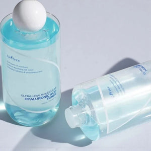 Skin TOGO Isntree Ultra-Low Molecular Hyaluronic Acid Toner in clear blue bottles for deep skin hydration