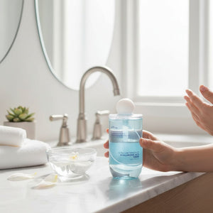 Skin TOGO Isntree Ultra-Low Molecular Hyaluronic Acid Toner in a clear blue bottle held in a bright bathroom setting.
