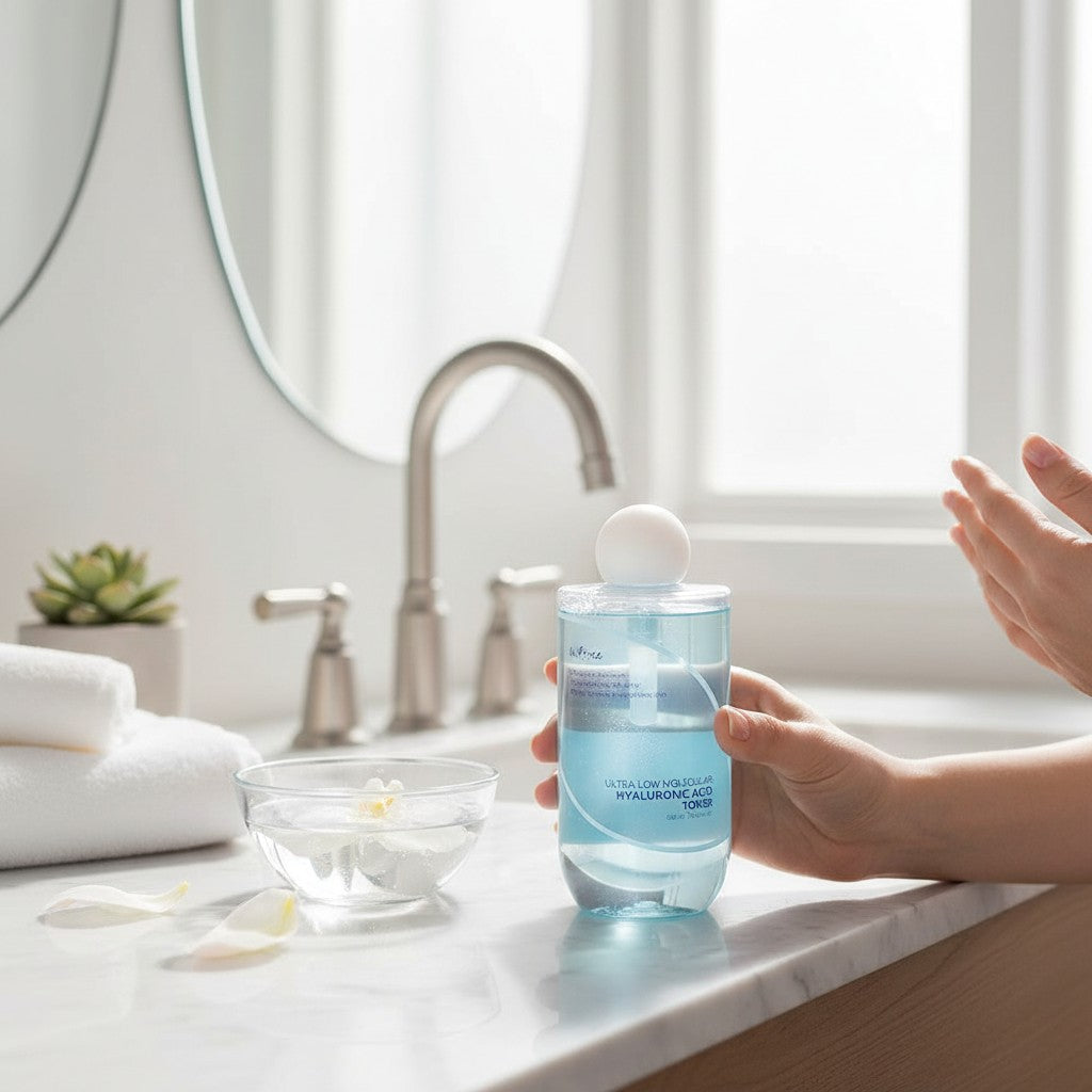Skin TOGO Isntree Ultra-Low Molecular Hyaluronic Acid Toner in a clear blue bottle held in a bright bathroom setting.