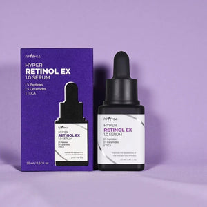 Skin TOGO Isntree Hyper Retinol Ex 1.0 serum bottle and purple box for anti-aging skincare on a lavender background.