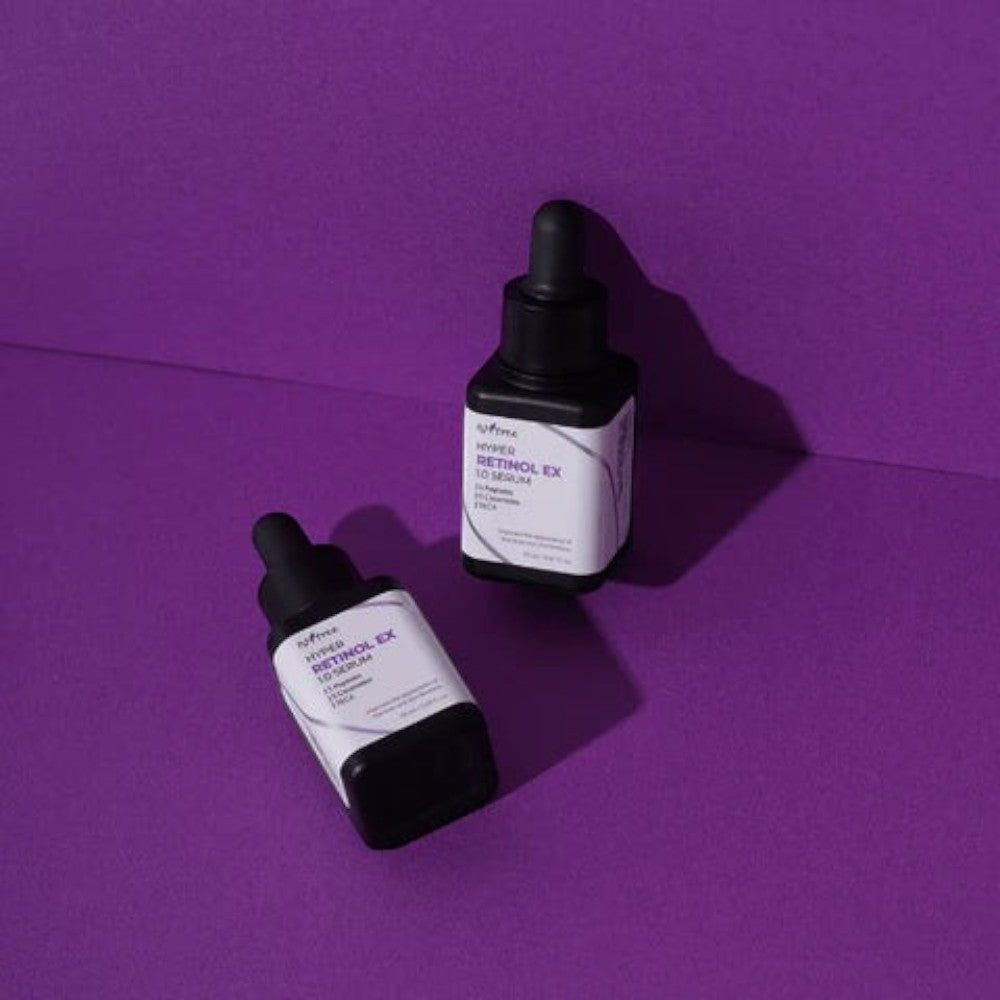 Skin TOGO Isntree Hyper Retinol Ex 1.0 serum bottles on a purple background for anti-aging skincare.