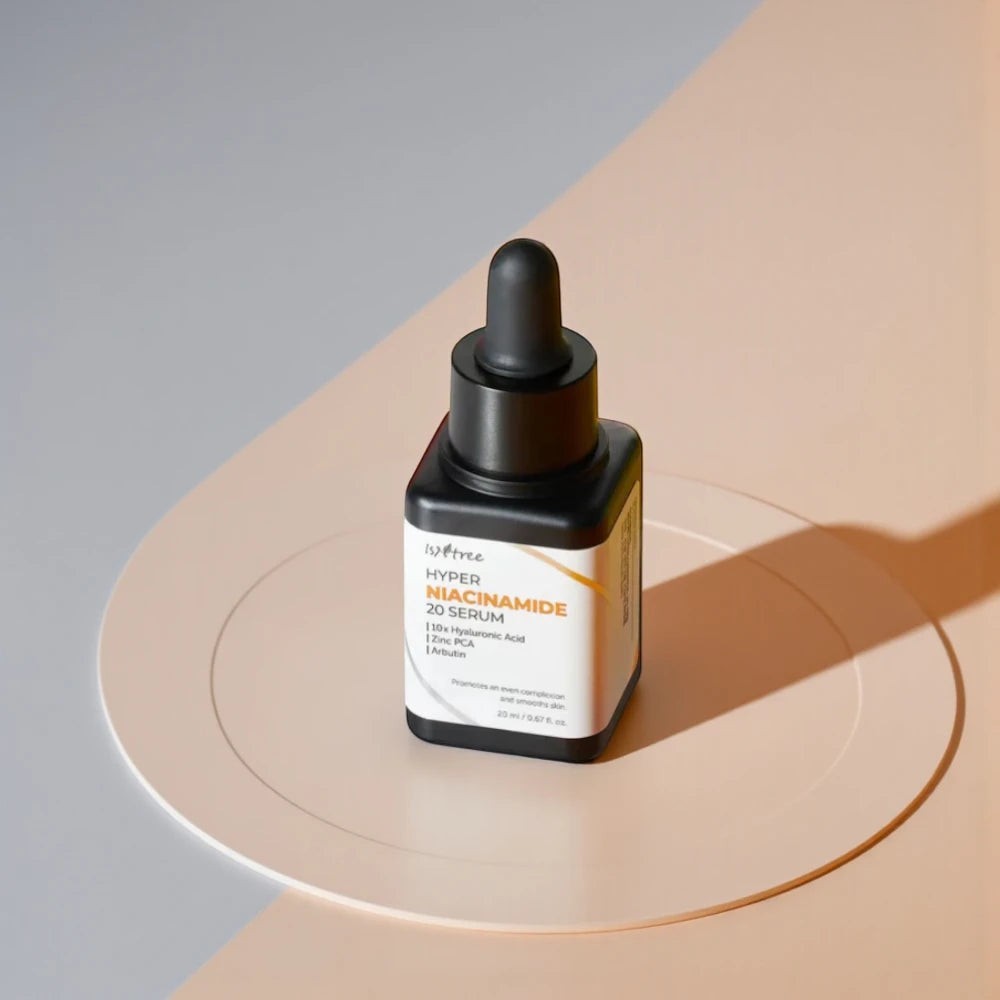 Skin TOGO Isntree Hyper Niacinamide 20 Serum bottle with dropper on a minimalist beige and grey surface