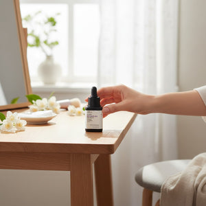 Skin TOGO Isntree Hyper Retinol Ex 1.0 serum bottle held by a hand on a wooden vanity with white flowers
