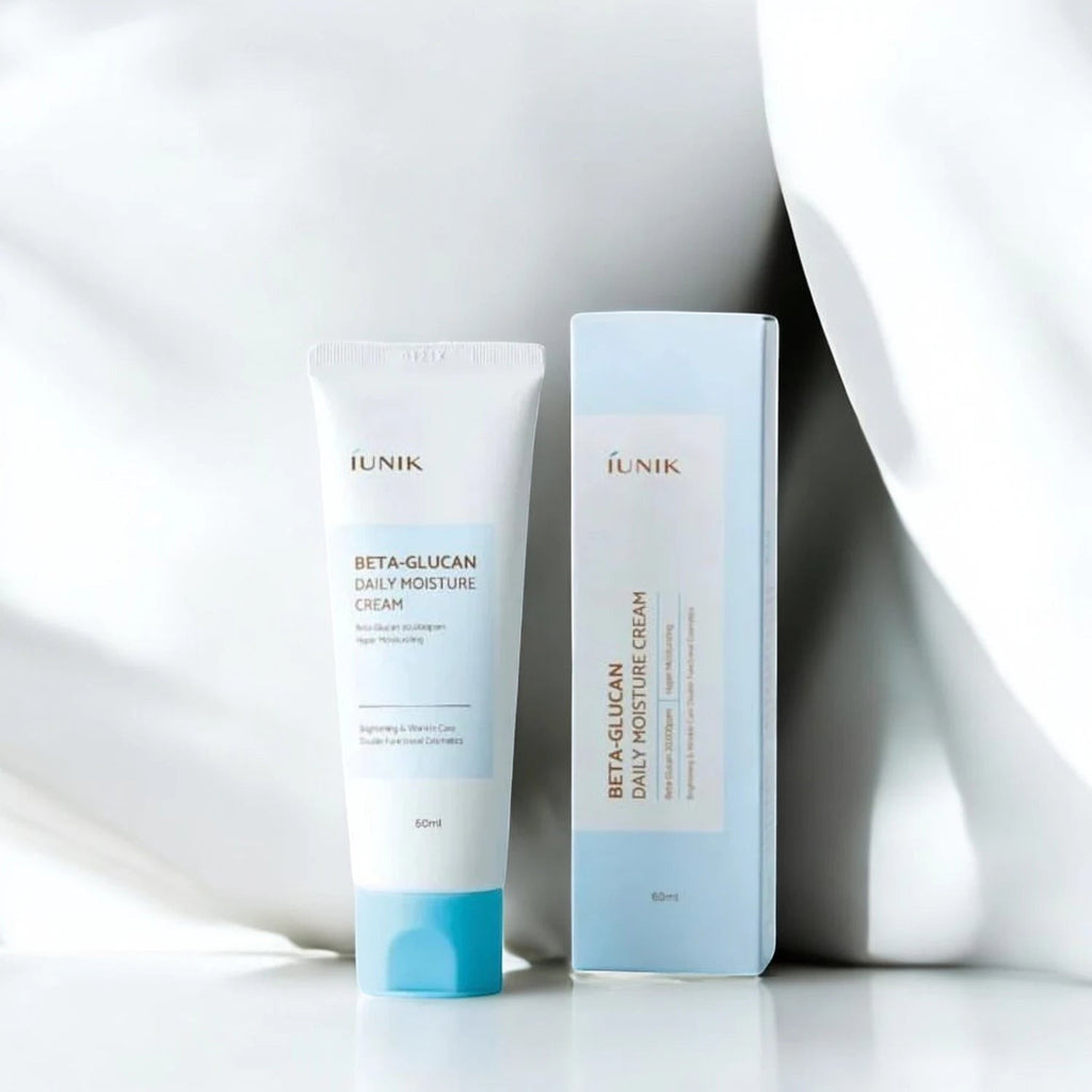 Skin TOGO iUNIK Beta Glucan Daily Moisture Cream tube and box in light blue packaging for sensitive skin hydration.