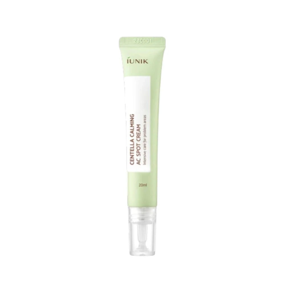 Skin TOGO iUNIK Centella Calming AC Spot Cream in a light green 20ml tube for targeted acne treatment.
