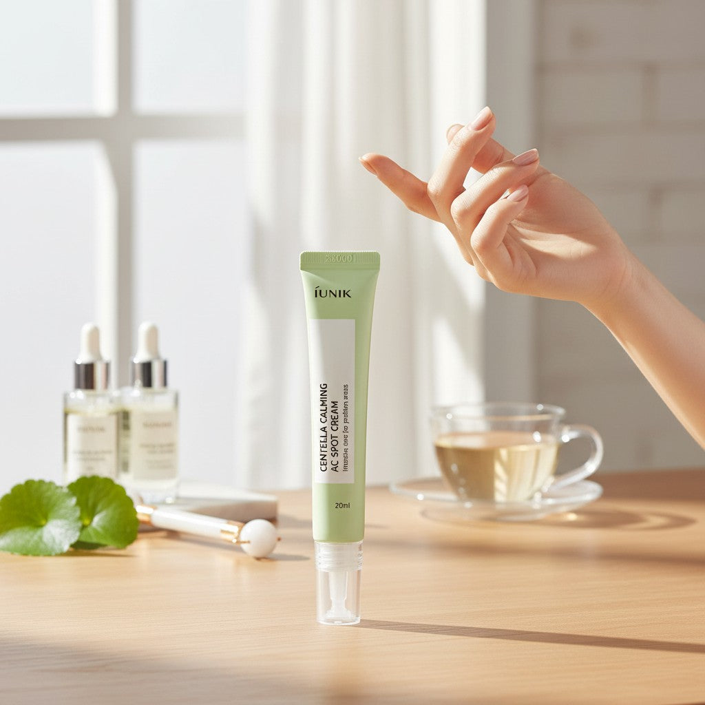 Skin TOGO iUNIK Centella Calming AC Spot Cream in a light green tube for targeted acne treatment on a wooden table.