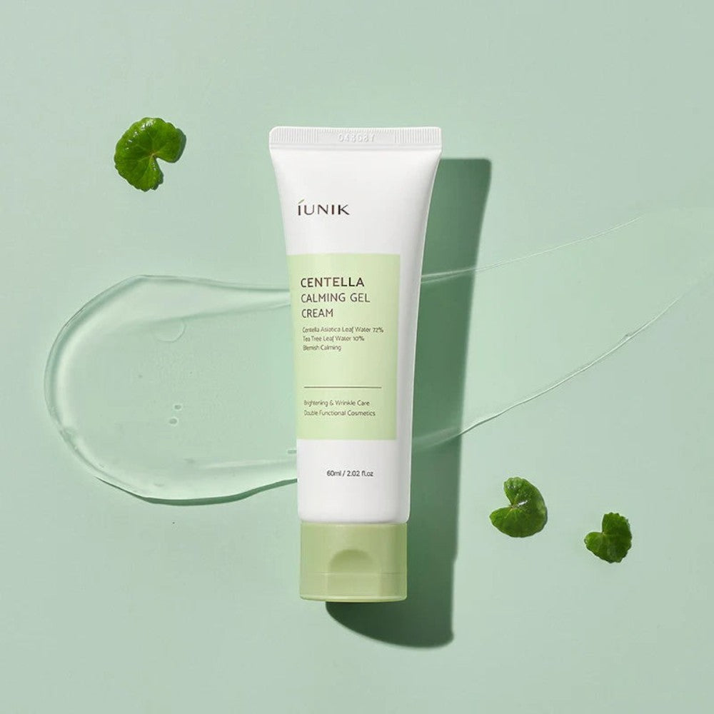 Skin TOGO iUNIK Centella Calming Gel cream in a white tube with a green cap, featuring a refreshing gel texture.