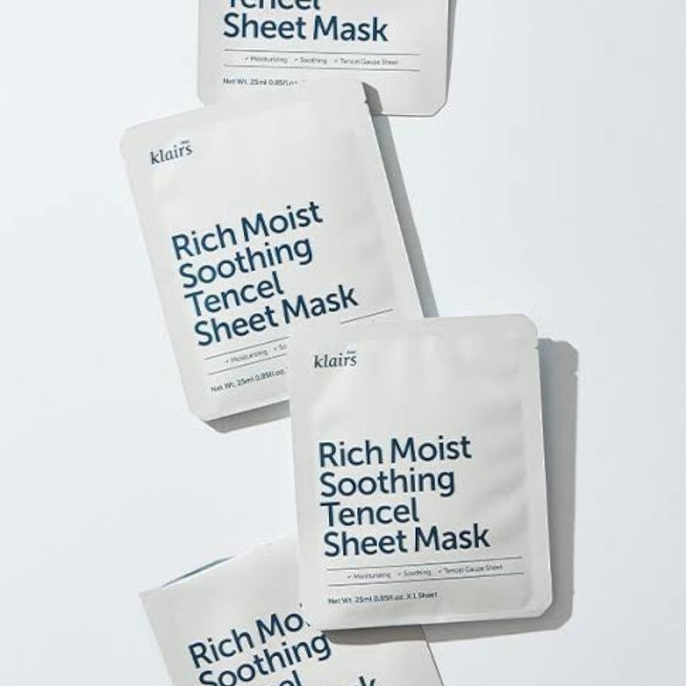 Skin TOGO Dear, Klairs Rich Moist Soothing Tencel Sheet Mask packets for sensitive and dry skin hydration.