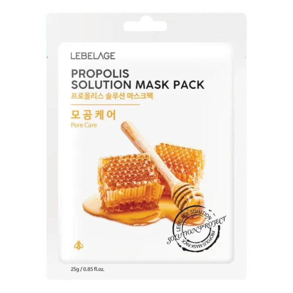 Skin TOGO Lebelage Propolis Solution Mask Pack with honeycomb and honey dipper illustration on white packaging