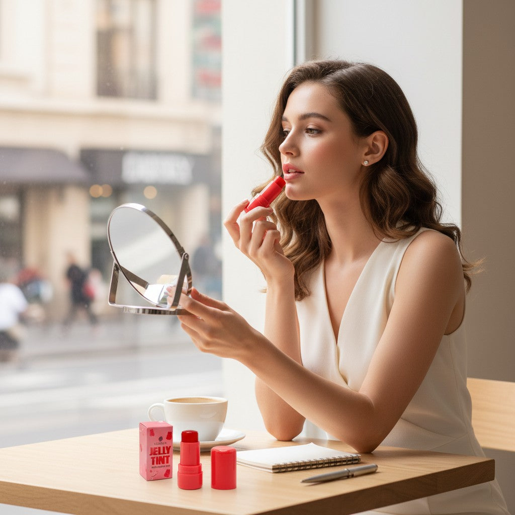 Skin TOGO Luxelux Jelly Tint Stick in light pink applied by a woman sitting at a cafe table with product packaging.