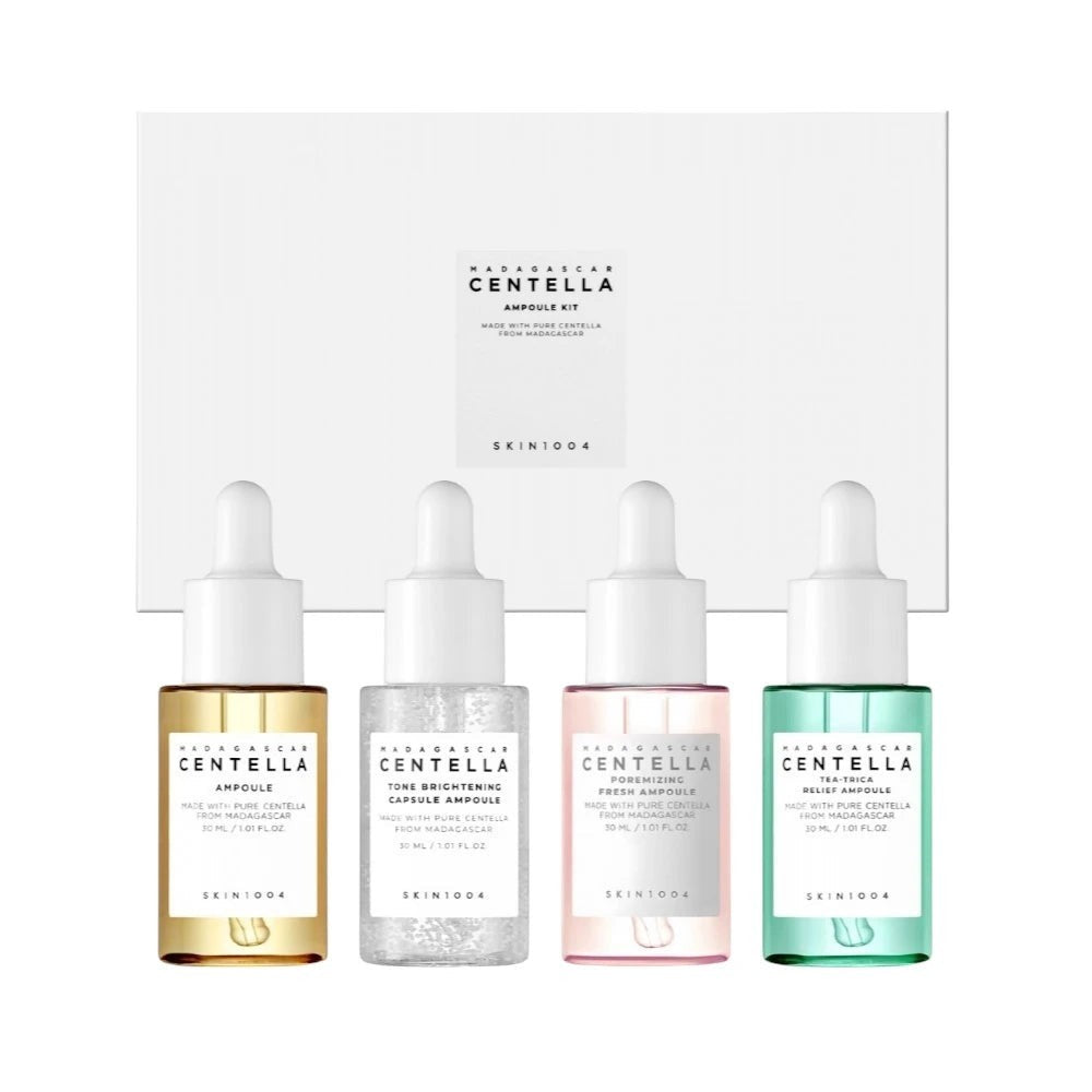 Skin TOGO Madagascar Centella Ampoule Kit featuring four different 30ml skincare serums in a white presentation box.