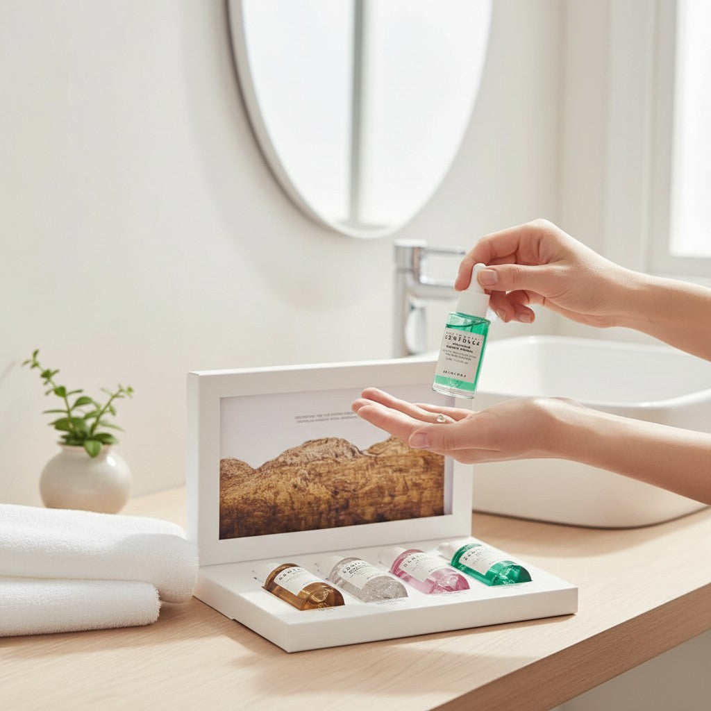 Skin TOGO Madagascar Centella Ampoule Kit with four skincare serums displayed in a white box on a bathroom vanity.