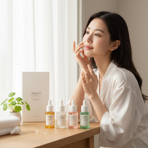 Skin TOGO Madagascar Centella ampoule kit with four skincare bottles on a wooden table next to a woman