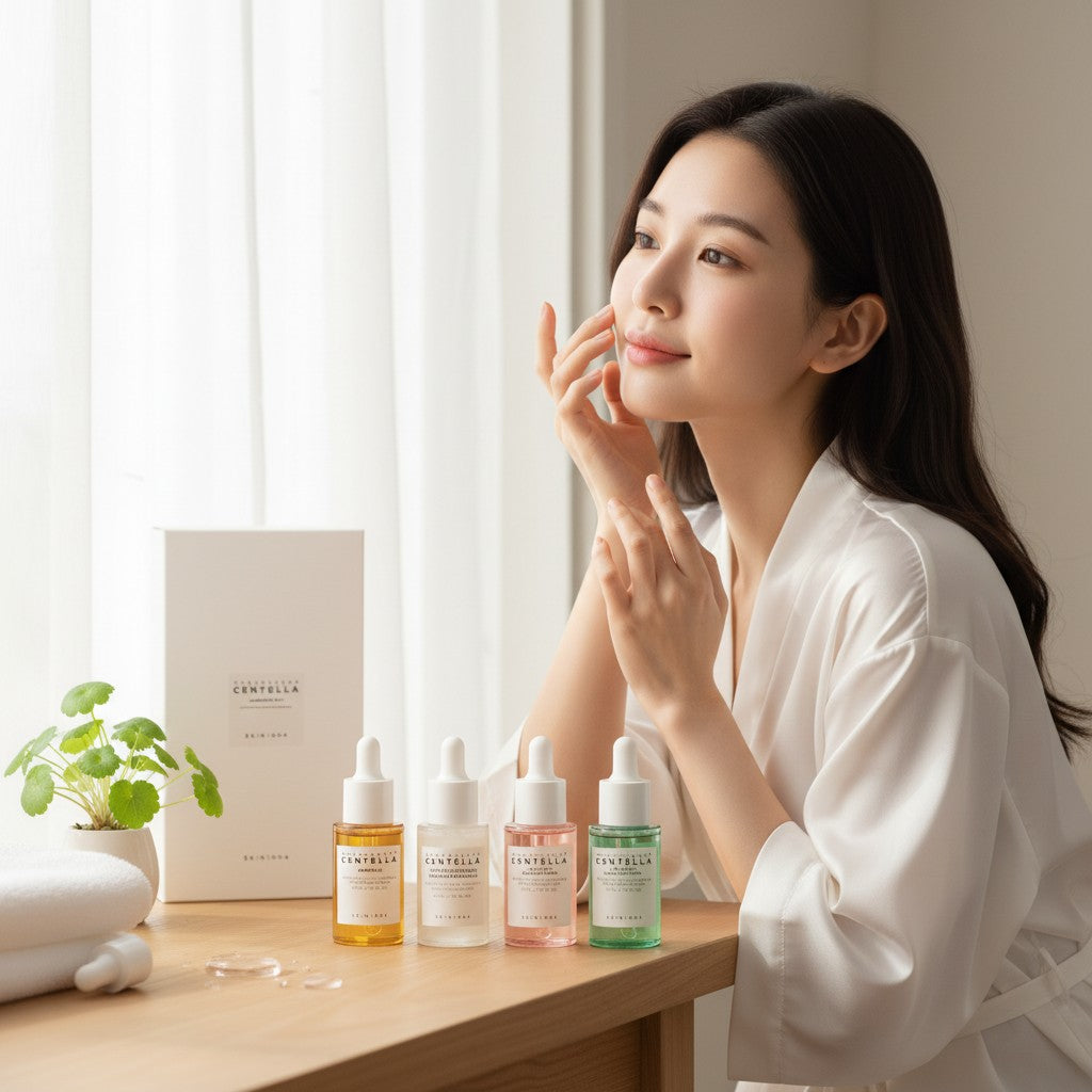 Skin TOGO Madagascar Centella ampoule kit with four skincare bottles on a wooden table next to a woman
