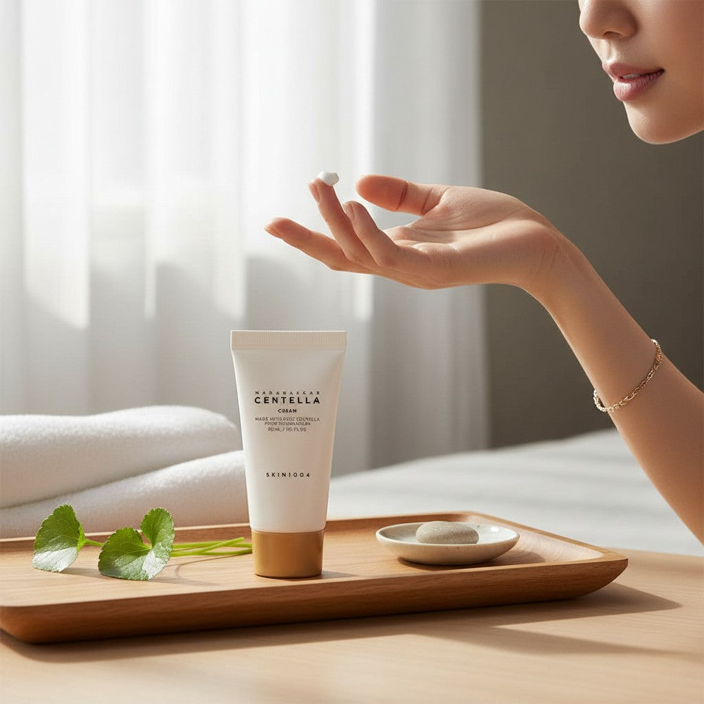 Skin TOGO Madagascar Centella Cream in a white tube on a wooden tray with a woman applying a small amount to her finger.