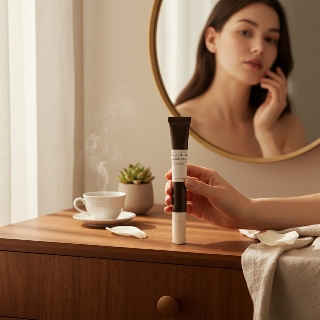 Skin TOGO Madagascar Centella Probio-Cica Bakuchiol Eye Cream tube held in hand on a wooden vanity with a mirror.