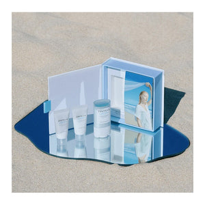 Skin TOGO Madagascar Centella Hyalu-cica Sunsational Kit featuring three travel-sized skincare products on a mirror.