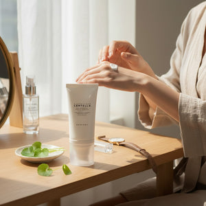 Skin TOGO Madagascar Centella tone-up sunscreen tube on a wooden table with fresh centella leaves and a model's hand.
