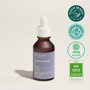 Skin TOGO Mary & May 6 Peptide Complex anti-aging serum in a 30ml amber glass dropper bottle with safety certifications.
